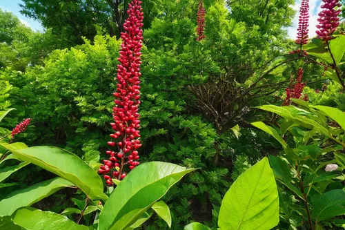 Describe the healing properties of phytolacca americana in a serene garden setting.,upright flower stalks,chestnut tree with red flowers,smooth sumac,garden shrub,phytolacca americana,trumpet creeper,