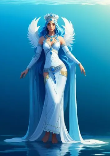 2D concept art, Achaemenid goddess Anahita, guardian of water, beautiful, long blue hair, long sleeve See-Through Achaemenid dress, silver crown, highly detailed, solid color background,a young woman 