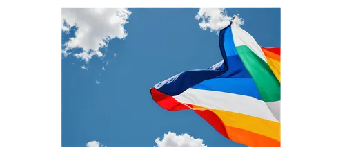 Pride flag, waving in wind, colorful stripes, horizontal layout, white clouds, blue sky, sunny day, 3/4 composition, shallow depth of field, soft natural light, vibrant colors, detailed fabric texture