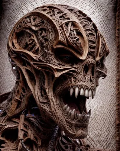 hag,district 9,gorgon,fractalius,teeth,wooden mask,reptilian,iridigorgia,alien,endoskeleton,alien warrior,old human,biomechanical,scull,supernatural creature,skull mask,dead earth,flesh eater,wood skeleton,door knocker