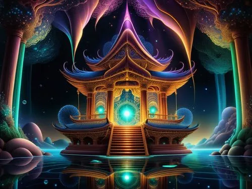 amazing fractal,an abstract artwork depicting a buddhist shrine with its reflection,portal,qabalah,shambhala,sanctum,fantasy picture,legendarium,fantasy art,3d fantasy,fantasy landscape,background ima