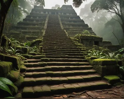 Ancient Toltec architecture, Mesoamerican ruins, stone structures, intricate carvings, Mayan patterns, pyramidal shape, steep stairs, dense jungle surroundings, vines crawling up walls, moss-covered s