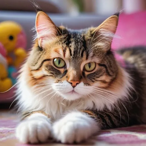 goofy ahh cat, cute facial expression, fluffy whiskers, bright shiny eyes, pink nose, adorable ears, soft fur texture, playful pose, sitting on floor, paws curled up, colorful toys scattered around, c