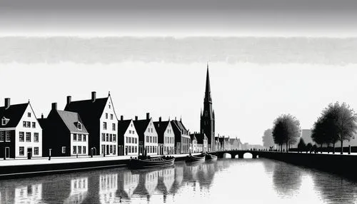 Achtererfjes Weesp 1902, dessin au fusain noir et blanc fond dégradé gris sur toile de lin par Adriaan Boer (1875–1940),bruges,delft,husum,hoorn,friesland,edam,lübeck,bremen,ostfriesland,groningen,hol