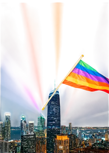 LGBTQ pride flag, rainbow colors, waving flag, flowing fabric, gentle wind, vibrant colors, shining stars, night sky, cityscape background, blurred skyscrapers, soft focus, warm lighting, panoramic vi