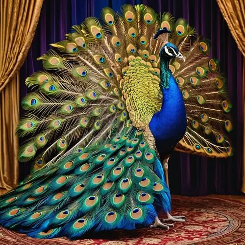 Majestic golden peacock, solo, dancing, spreading colorful tail feathers, shimmering iridescent scales, vibrant blue and green plumage, elegant neck, proud posture, ornate costume, golden accessories,