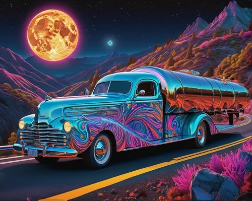 Write a thrilling scene where a car carrier trailer speeding down a curvy mountain road, its cargo of luxury cars shining under the moonlight.,travel trailer poster,vwbus,day of the dead truck,moon ca