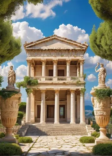 house with caryatids,greek temple,panagora,temple of diana,palladian,roman temple,artemis temple,neoclassicism,neoclassicist,neoclassical,palladianism,celsus library,marble palace,vittoriano,neoclassic,three pillars,jardiniere,classical antiquity,zappeion,classicist,Illustration,Japanese style,Japanese Style 01
