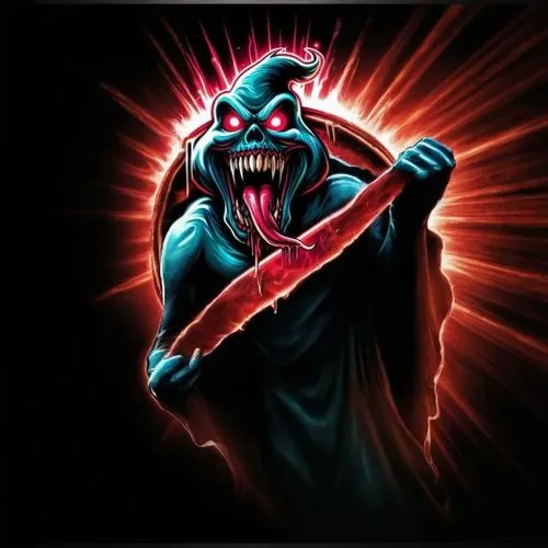 a demonic demon with red eyes holding a knife,grimm reaper,wrathchild,thrashers,ozzfest,chakan,dismember