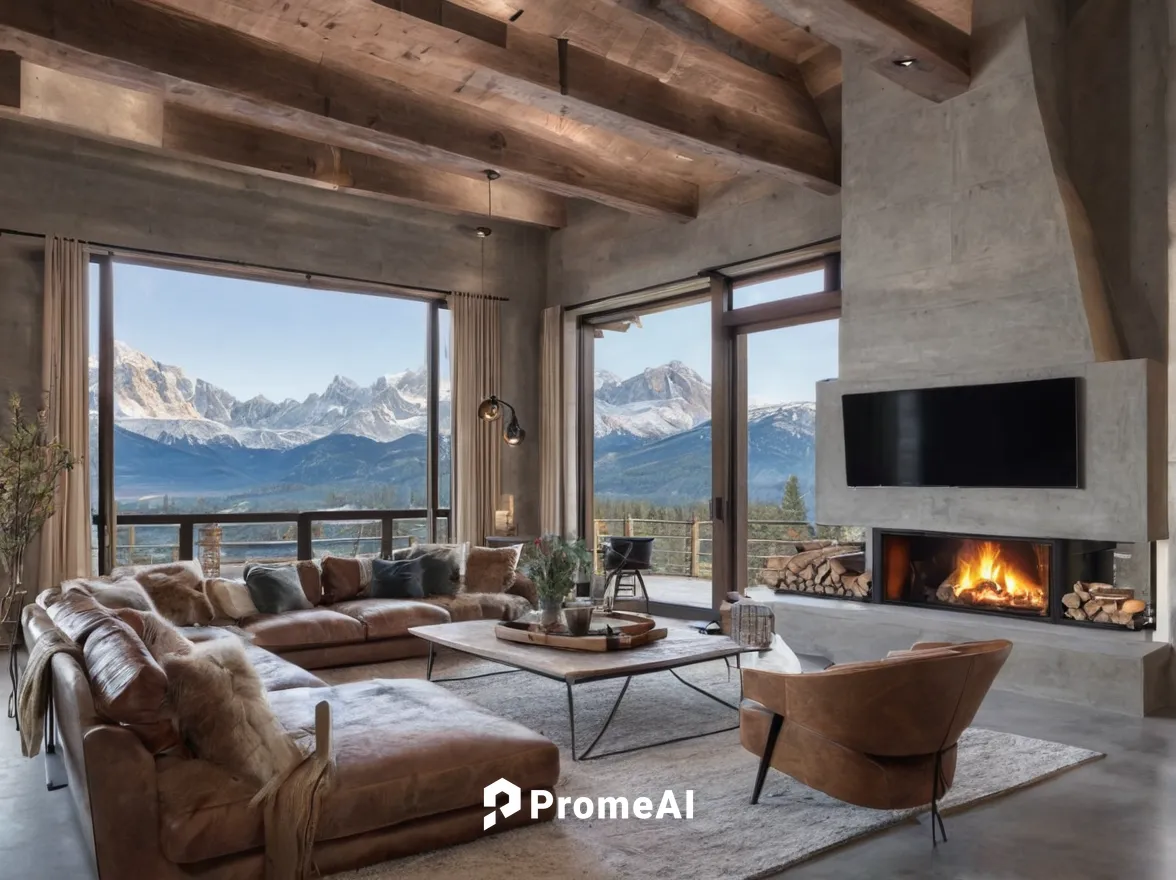 Example of a large mountain style open concept concrete floor and gray floor living room design in Other with a two-sided fireplace, a metal fireplace, a wall-mounted tv and beige walls,alpine style,f