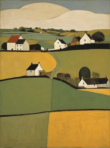 farm landscape,grant wood,olle gill,rural landscape,farmland,carol colman,farmlands,agricultural,green fields,fields,braque d'auvergne,home landscape,breton,bales,hayfield,yellow grass,farmstead,landscape,antrim,farm,Art,Artistic Painting,Artistic Painting 28