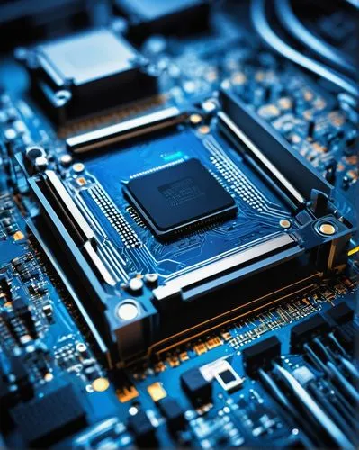 Computer chip, futuristic design, motherboard, microprocessor, CPU architecture, cache memory, RAM, wires, circuits, metal casing, LED lights, glowing blue, high-tech laboratory, scientific equipment,