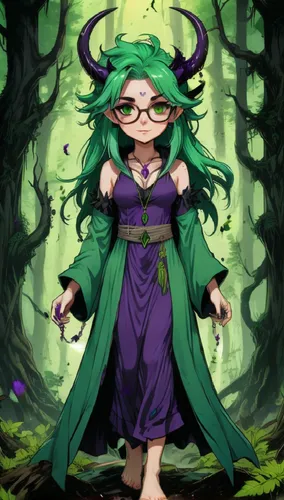 An anime-style nerdy, glasses-wearing, horned, glowing purple eyes, green-haired, petite, barefoot, evil druid girl, wearing purple-trimmed green robes and Gothic jewelry. Clumps of black moss are fal