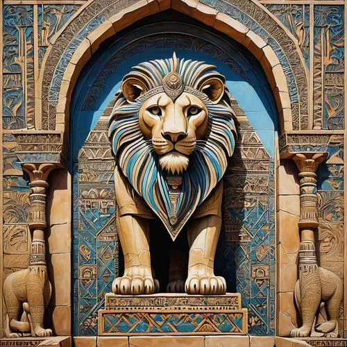 Mesopotamian art, ancient architecture, Ziggurat temple, intricate stone carvings, mythological creatures, winged lions, bulls, gods, goddesses, glazed tiles, bright colors, geometric patterns, cuneif