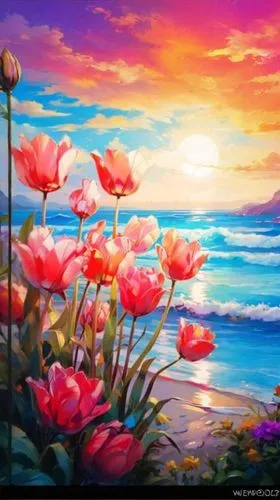 flower painting,flower in sunset,landscape background,splendor of flowers,flower background,sea landscape,art painting,sea of flowers,beach landscape,seascape,colorful background,springtime background