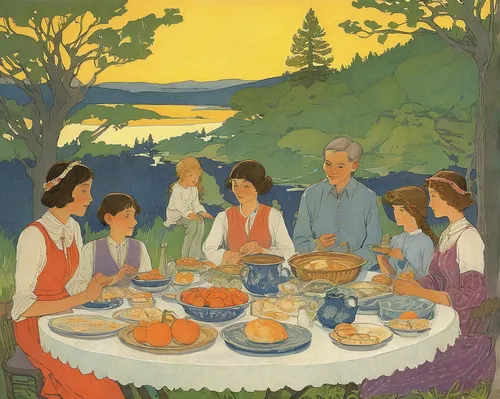 khokhloma painting,mulberry family,tea service,placemat,lutefisk,woman holding pie,tea party,leittafel,food table,breakfast on board of the iron,midsummer,picnic,family picnic,group of people,dinner party,long table,thanksgiving table,breakfast table,the dining board,garden party,Illustration,Retro,Retro 07