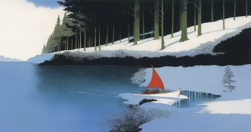 dug out canoe,snow slope,boat landscape,gnome skiing,snow scene,winter landscape,snow landscape,winter lake,tomte,floating over lake,little boat,sunken boat,canoe,sailboat,row boat,ski jump,overpainting,canoeing,snow cone,sailing boat,Illustration,Realistic Fantasy,Realistic Fantasy 04