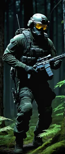 spectral figure, ghostly soldier, tactical gear, night vision goggles, camouflage face paint, stealthy posture, crouching, holding rifle, ethereal material, transparent texture, forest environment, ni