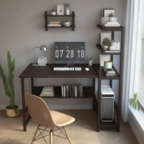 a corner desk with shelf above it with books,blur office background,office desk,desk,writing desk,modern office