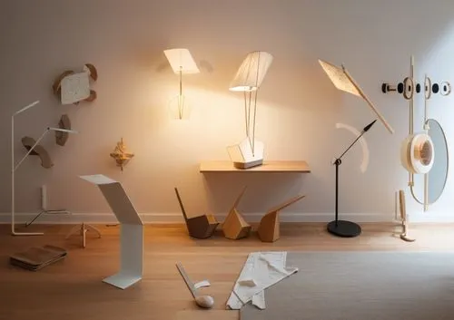 various floor lamps,a room with lots of different items on the floor,foscarini,drawing with light,wall lamp,kinetic art,floor lamp,music instruments on table,Photography,General,Natural