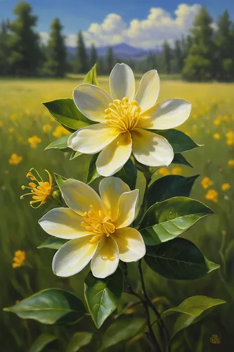 Describe the vibrant colors of a lemon flower in a sunny meadow.,avalanche lily,flower painting,wood anemones,golden lotus flowers,lilies of the valley,yellow canada lily,australian daisies,springtime