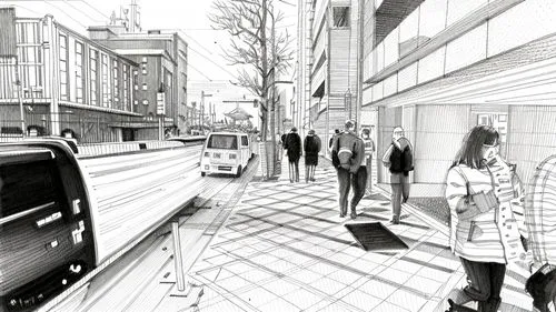 street scene,people walking,street plan,pedestrians,pedestrian zone,pedestrian,a pedestrian,shopping street,street view,sidewalk,urban design,crosswalk,pedestrian crossing,tram road,mono-line line art,the street,street cafe,ginza,camera illustration,office line art,Design Sketch,Design Sketch,Fine Line Art