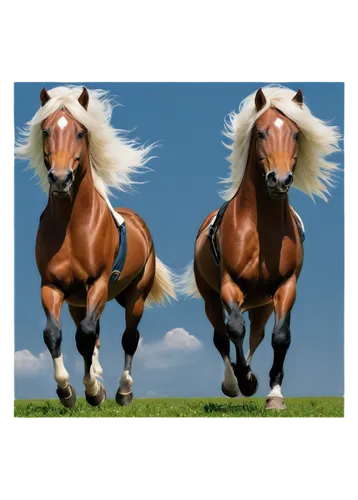 Horses, desktop wallpaper, two horses, galloping, running freely, green meadow, blue sky, white clouds, majestic manes, shiny coats, detailed eyes, nostrils flaring, strong muscles, dynamic pose, low 