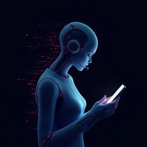 the robot turns and looks to the camera.,a girl is wearing headphones and playing on a tablet,siri,cortana,technophobia,technological,echo,cyberia