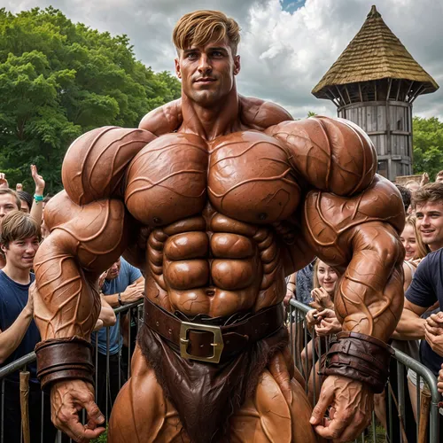 The incredible muscular man is surrounded by crowds in his bare-chested costume!,wightman,premaxillae,musclebound,pec,pudzianowski,musclemen