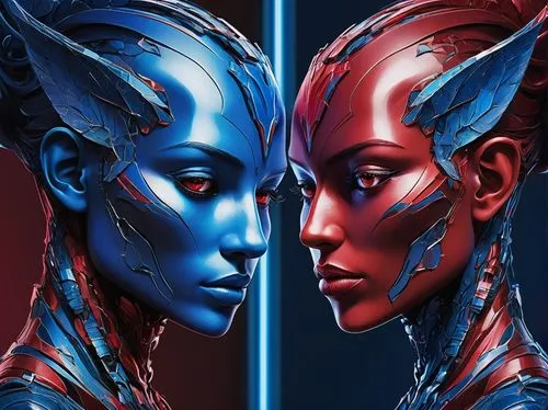 red and blue,darth talon,gemini,cg artwork,avatar,face to face,red blue wallpaper,valerian,angel and devil,meridians,sci fi,red-blue,bodypaint,sci fiction illustration,duality,two,scifi,in pairs,honor 9,sci-fi,Conceptual Art,Fantasy,Fantasy 08