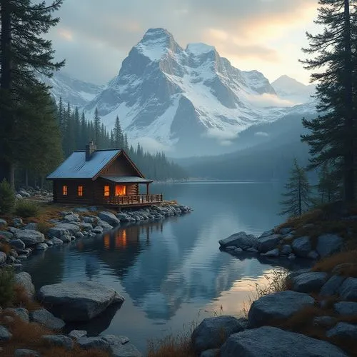 the cabin in the mountains,mountain lake,landscape background,world digital painting,maligne lake,mountainlake,alpine lake,shuksan,evening lake,mountain landscape,beautiful lake,beautiful landscape,log cabin,cottage,seclusion,digital painting,forest lake,tranquility,dove lake,small cabin,Photography,General,Realistic