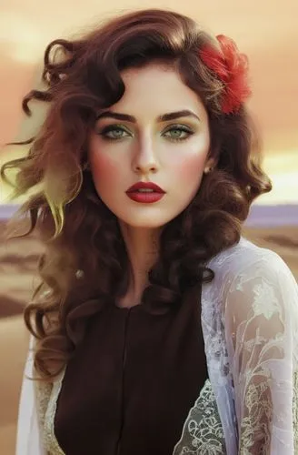 
 nude Beautiful arab girl, full dark curly hair, big green eyes, full red lips, misty sky,a woman wearing a dress standing in front of a desert,desert rose,behenna,vintage woman,romantic look,miss ci