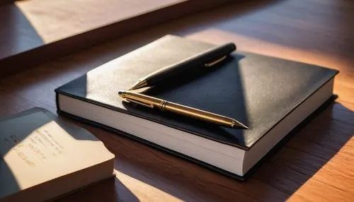 Modern architectural book, leather-bound cover, golden font title, coffee table size, open on a wooden desk, morning light, soft shadows, minimalistic background, few scattered papers, a single pen ly