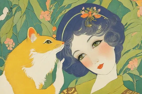 With a playful wink, Kim gets away with another cheeky act.,kitsune,vintage illustration,orange blossom,jasmine blossom,scent of jasmine,japanese woman,oriental painting,vintage print,vintage asian,ge