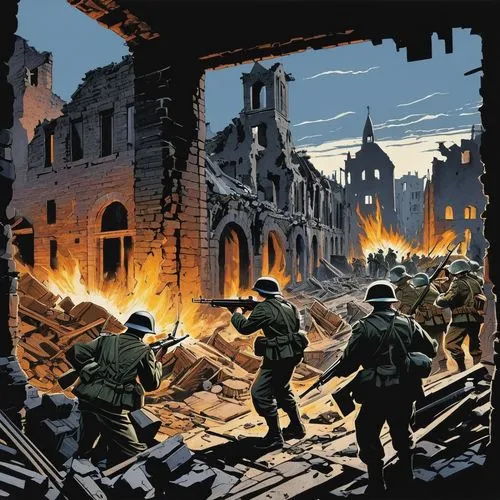 Dutch Soldiers in a heavy firefight with German Soldiers in the ruins of a small destroyed German city,warsaw uprising,garzweiler,verdun,first world war,second world war,world war 1,world war,world wa