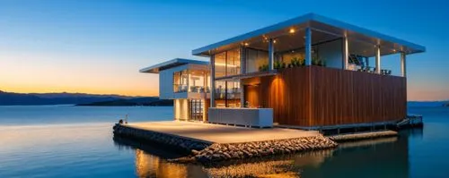 modern office bilding desing . ตั่งอยู่ที่นิวซีแลน . เวลาเย็นท้องฟ้าปลอดโปร่ง,an unusual house sitting on top of a large body of water,house by the water,houseboat,beachhouse,cube stilt houses,house w