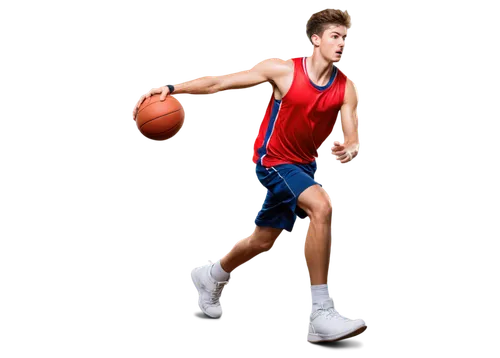 Tall male athlete, muscular physique, dynamic posture, sweaty skin, messy short hair, serious facial expression, bright white jersey, red shorts, high-top sneakers, basketball in hand, dribbling actio