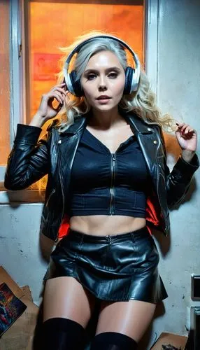 disc jockey,leather,hip hop music,disk jockey,black leather,dj,radio set,cool blonde,music artist,leather jacket,hip-hop,headphones,headphone,femme fatale,hip hop,blonde woman,toni,electronic music,leather texture,hard woman,Conceptual Art,Fantasy,Fantasy 20