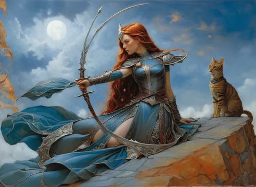 a woman with red hair and horns holding a bow and arrow,yavana,elenore,thorhild,vaivara,female warrior,sorceror,Illustration,Realistic Fantasy,Realistic Fantasy 03