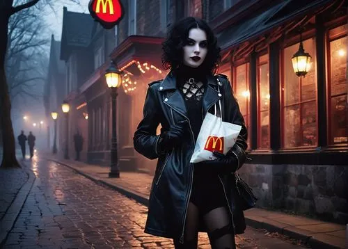 Gothic McDonald's, dark mysterious atmosphere, Victorian-era-inspired building, twisted iron fences, ornate stone walls, stained glass windows, heavy wooden doors, dim red lighting, foggy night, aband