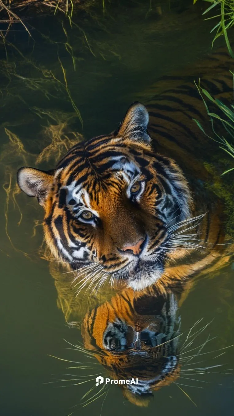 um tigre olhando para a câmera, após beber agua em um rio. Seu reflexo espelhado na agua do rio.,a tiger is reflected in the water,sumatran tiger,bengalensis,asian tiger,a tiger,bengal tiger,bandhavga