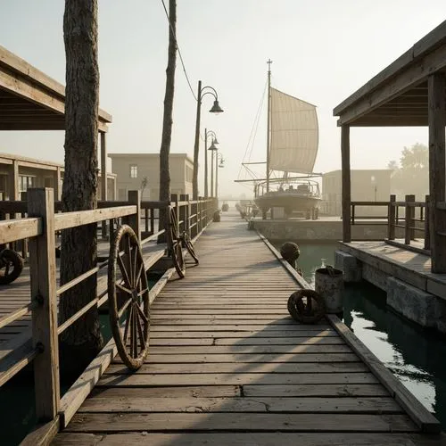 Weathered wooden docks, rustic nautical ropes, vintage boat wheels, distressed metal lanterns, soft misty mornings, serene lake reflections, natural stone foundations, earthy brown wood accents, sky b