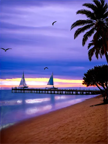 Seaside, Plaxbay, sunset, palm trees, sandy beach, calm waves, sailboat, wooden pier, seagulls flying, warm lighting, soft focus, 3/4 composition, shallow depth of field, vibrant colors.,a view of a p