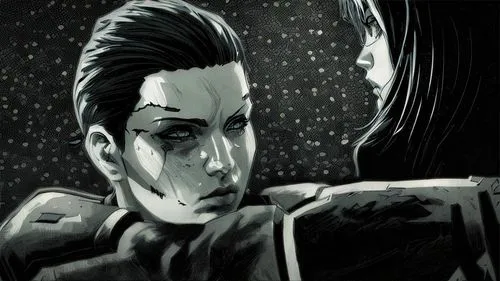 widow's tears,shepard,detail shot,widow,sci fiction illustration,confrontation,face to face,widowmaker,dispute,washes,gothic portrait,birds of prey-night,grainau,game drawing,dark art,two people,exami