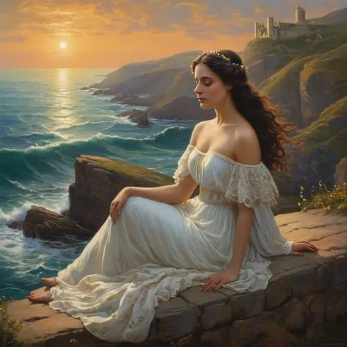 romantic portrait,fantasy picture,the sea maid,fantasy portrait,celtic woman,sea landscape,idyll,by the sea,sun and sea,the wind from the sea,emile vernon,girl on the river,summer evening,la violetta,sea breeze,fantasy art,landscape with sea,mystical portrait of a girl,at sea,contemplation,Photography,General,Natural