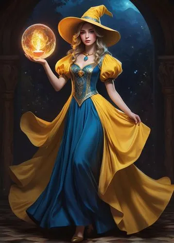 sorceress,magicienne,sorceresses,spellcasting,sorcerer,archmage,conjurer,spellcasters,belle,magickal,mage,blue enchantress,yellow sun hat,fantasy portrait,spellcaster,sorcerers,jarlaxle,fantasy picture,ashe,bewitching,Illustration,Paper based,Paper Based 01