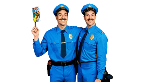 Cartoon policeman, smiling face, blue uniform, golden badge, hat on head, thick eyebrows, mustache, muscular arms, holding megaphone, standing pose, vibrant colors, comic book style, exaggerated featu