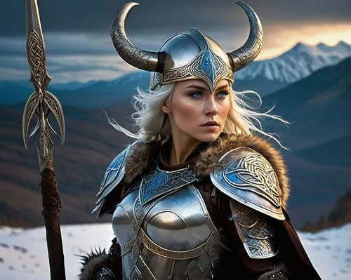 Female Valyrie, powerful wings spread wide, intricate Nordic tattoo patterns on arms and legs, bold Viking-inspired helmet with horns, flowing silver hair, striking blue eyes, fierce warrior makeup, b