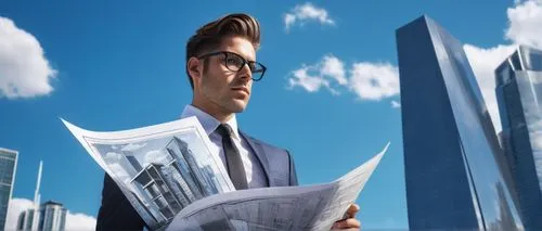 Modern architect, professional attire, suit and tie, glasses, neat hair, holding a blueprint, standing in front of a skyscraper, cityscape, sunny day, blue sky, white clouds, urban landscape, contempo