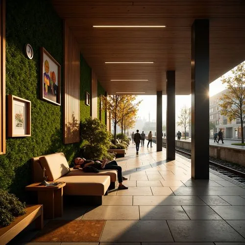 train station passage,breezeway,hafencity,smoking area,seating area,pedway,nanterre,britomart,rigshospitalet,brygge,subway station,verandah,almere,rikshospitalet,verandas,hilversum,daylighting,solna,station concourse,bus station